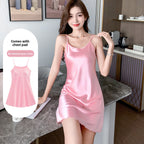 Women Ice Silk Sling Nightgown with Chest Pad Cool Summer Pajamas