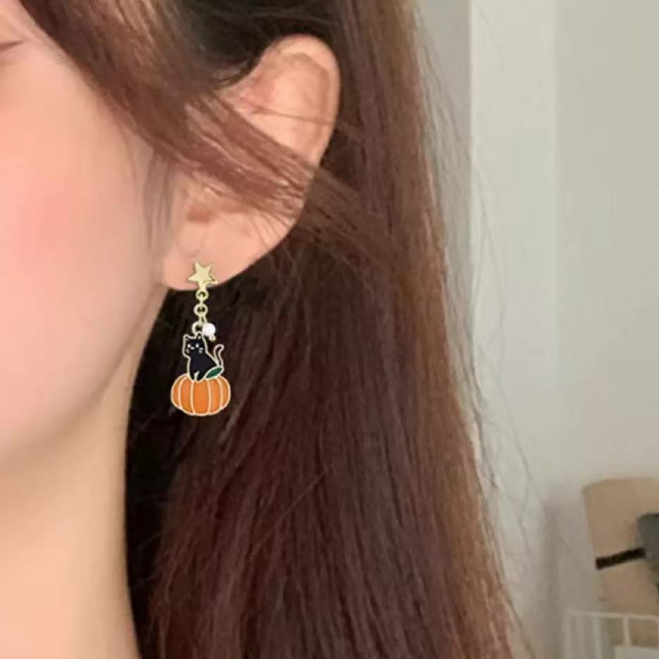 Pumpkin Cat Cute Alloy Earrings Sweet Cool Girly Heart Style